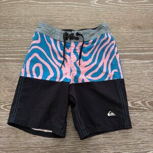 Boys Quiksilver black pink/blue zebra striped swim trunks bathing suit size 6